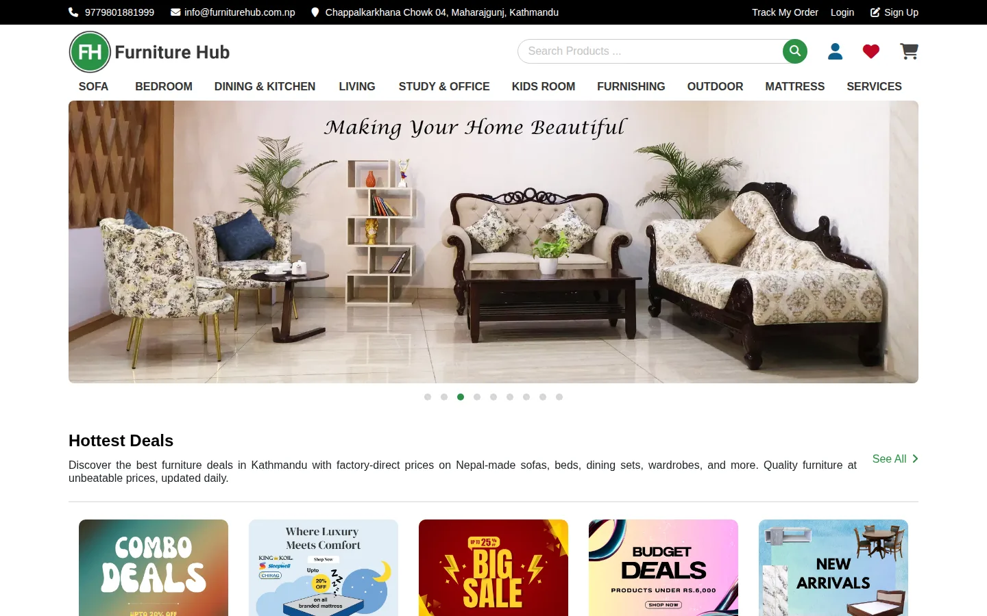 FurnitureHub Nepal storefront: a category navigation bar, a Making Your Home Beautiful hero carousel of living-room furniture, and a Hottest Deals promotion row.